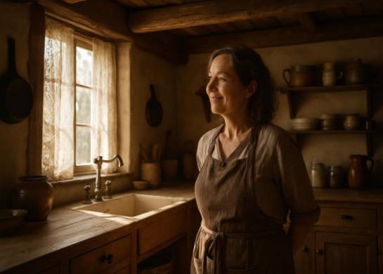 rustic kitchen design, content expression, admiring the craftsmanship, photorealistic, cozy countryside cottage with exposed beams and vintage fixtures, highly detailed, sunlight filtering through lace curtains, f/2.0, earth tones, soft ambient lighting, shot with a 35mm lens.