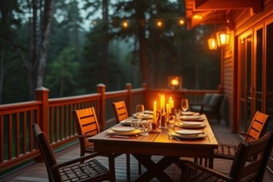 rustic deck lighting, warm and inviting, illuminating a serene outdoor dinner, photorealistic, set against a forested background, highly detailed, flickering candlelight effect, shot with a 35mm lens, golden hue, under dim twilight conditions