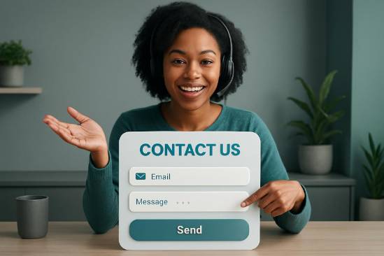 interactive contactus customer, welcoming, guiding user interactions, photorealistic, virtual desk environment with minimalistic decor, highly detailed, animated user feedback, user interface elements stand out, soothing teal and gray color tones, soft ambient lighting, captured with a 35mm lens.