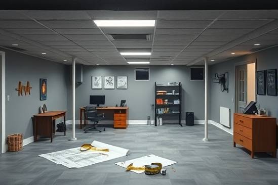 innovative basement remodel, focused expression, designing, photorealistic, space-efficient layout featuring home office and gym areas, highly detailed, scattered blueprints and measuring tape, f/2.8 aperture, cool gray palette, overhead fluorescent lighting, shot with a 35mm prime lens
