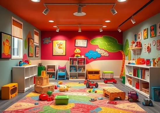 creative basement conversion, determined expression, innovating, photorealistic, vibrant playroom with colorful murals and playful lighting, highly detailed, toys scattered around and crafting materials on the floor, f/4 aperture, bright primary colors, track lighting fixtures, shot with an 18-55mm zoom lens