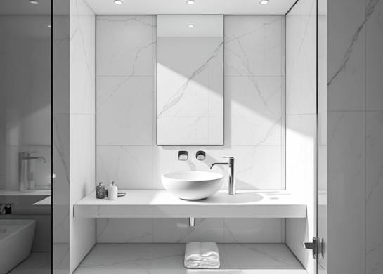 minimalist bathroom upgrade, serene, including a floating sink, photorealistic, smooth marble surfaces and glass partitions, highly detailed, reflections in the mirror, ultra HD, monochromatic, natural daylight, shot with a 24mm lens.