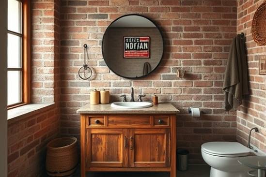 rustic bathroom remodel, cozy, showcasing a wooden vanity, photorealistic, exposed brick walls and vintage faucets, highly detailed, natural elements, 4k resolution, earthy tones, soft morning light, shot with a 50mm lens.