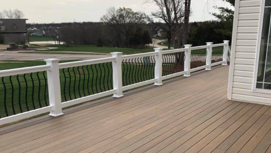 beach-style deck renovation, relaxed feel, seamlessly restored, photorealistic, along a sandy shore with palm trees, highly detailed, gentle ocean breeze, vivid clarity, pastel hues, bright midday sun, shot with a fixed 28mm lens