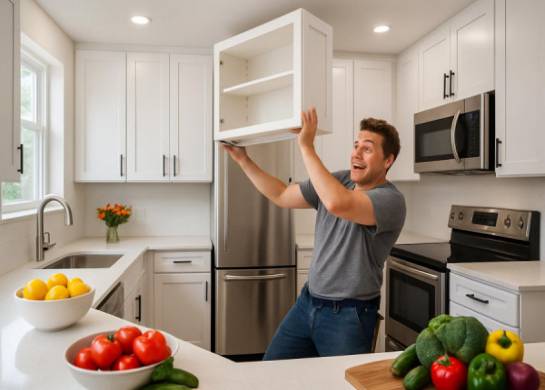 kitchen transformation, excited, installing new cabinets, photorealistic, bright and airy space with stainless steel appliances, highly detailed, splashes of color from fresh fruits and vegetables, enhanced clarity, sleek monochrome color scheme, overhead soft lighting, shot with a wide-angle lens.
