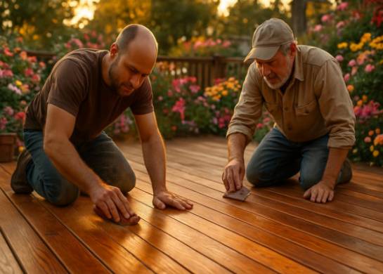 restored vintage deck, rejuvenated, craftsmen applying finishing touches, photorealistic, patio area surrounded by blooming flowers, highly detailed, sandpaper dust in the air, bokeh effect, warm wood hues, golden hour lighting, shot with a Sony A7R IV