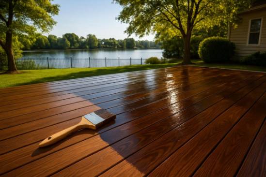 immaculate sealed deck, polished, being coated with sealant, photorealistic, suburban backyard overlooking a serene lake, highly detailed, gentle breeze rustling leaves, ultra-sharp focus, earthy browns, afternoon sunlight, shot with a Canon EOS 5DS
